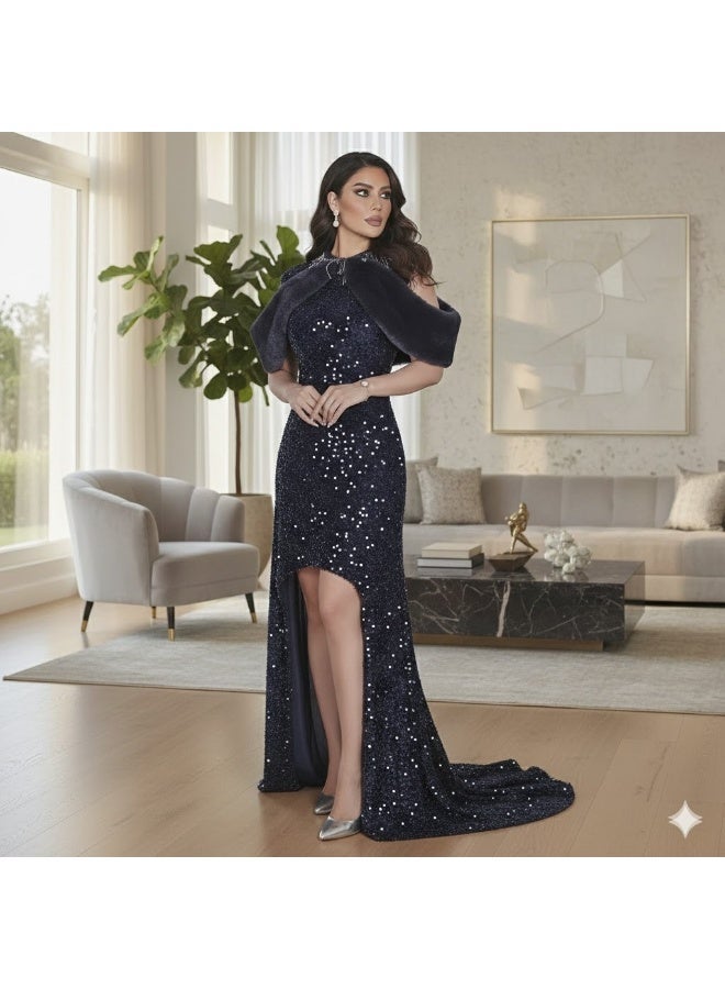 FULL JOY Elegant Long Dress with Soft Fur Detailing on the Shoulders for added Elegance and Beauty - Image 1
